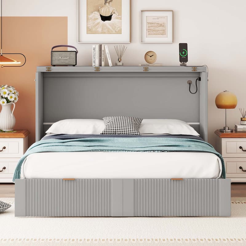 Full Size Murphy Bed Wall Bed with drawer and USB Ports