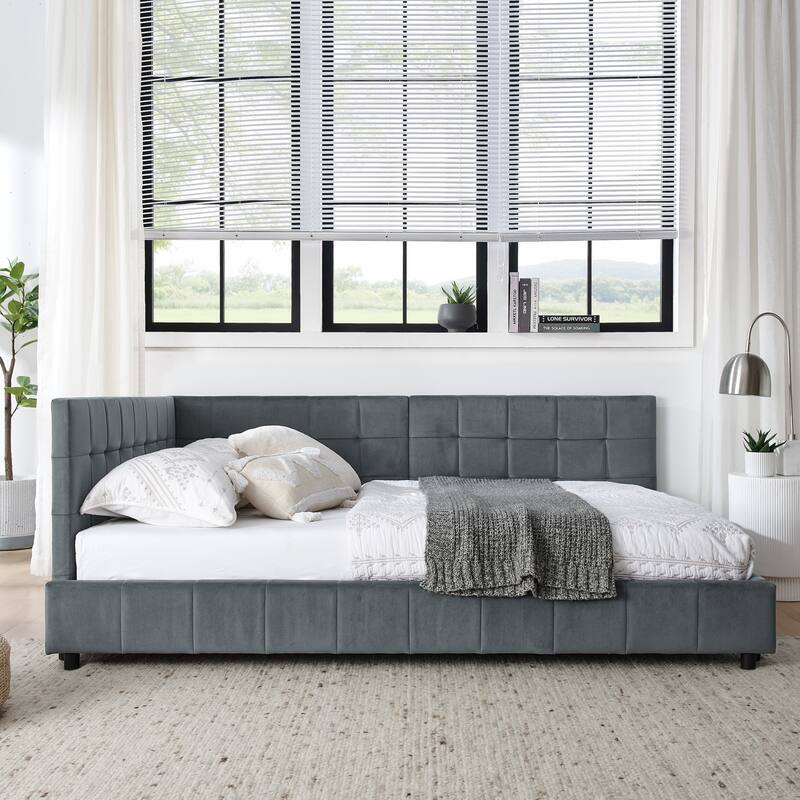 Roomfitters Full Upholstered Tufted Sofa Bed Frame with Backrest and Armrests, Velvet Platform Bed
