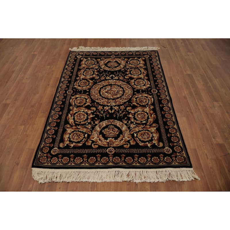 Hand Knotted Oriental 100% Wool Carpet Traditional Floral Black Aubusson Area Rug - 6' 0'' X 4' 1''