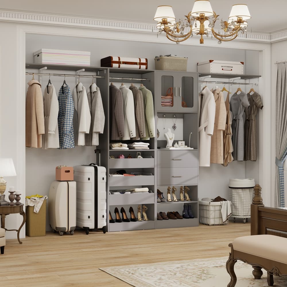 80"-120" Closet System With Door and Wooden Drawers, Closet Organizer System with 3 Haning Rods and Storage Shelves