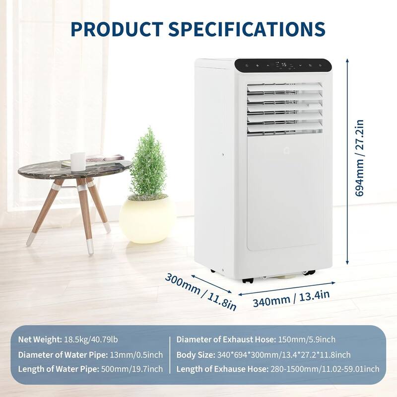 Portable Air Conditioner, 8000 BTU for Rooms Up to 350 Sq. Ft. 4 Modes with Remote Control Quiet AC