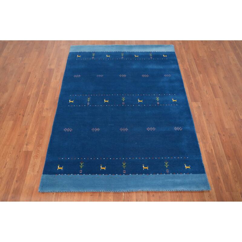 Hand Knotted Oriental 100% Wool Carpet Tribal Animal Pictorial Navy Blue & Blues Gabbeh Area Rug - 5' 9'' X 4' 2''