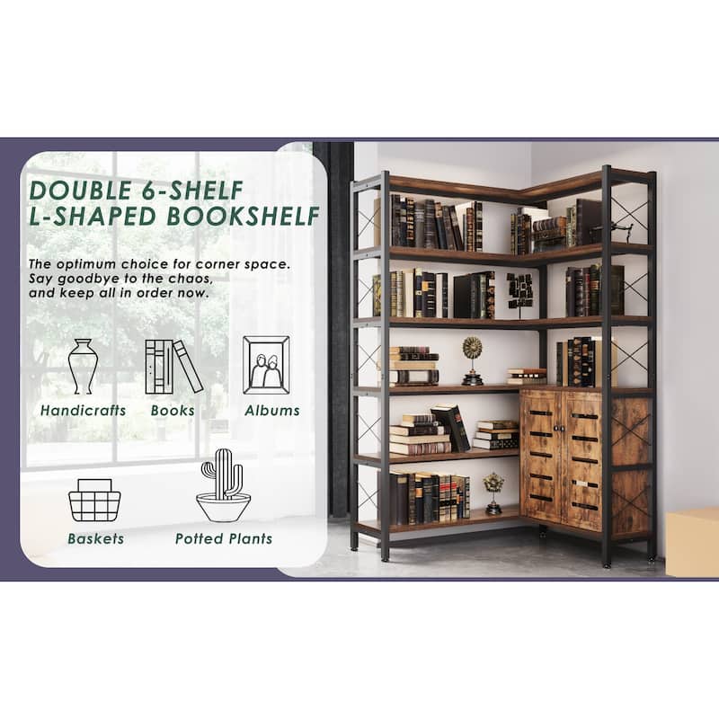 6-Shelf Corner Bookshelf, Vintage Industrial Corner Bookshelf Etagere Bookcase,with storage cabinet