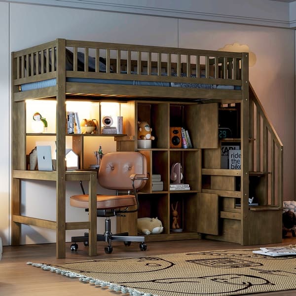 slide 2 of 34, Wooden Loft Bed Twin Size High Loft Bed with Light, Cabinets and Storage Shelves, All-in-One Bed Frame with Staircase and Desk Walnut - Twin