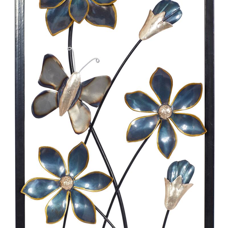 Teal Metal Floral Home Wall Decor with Black Frames and Butterfly Accents (Set of 2)
