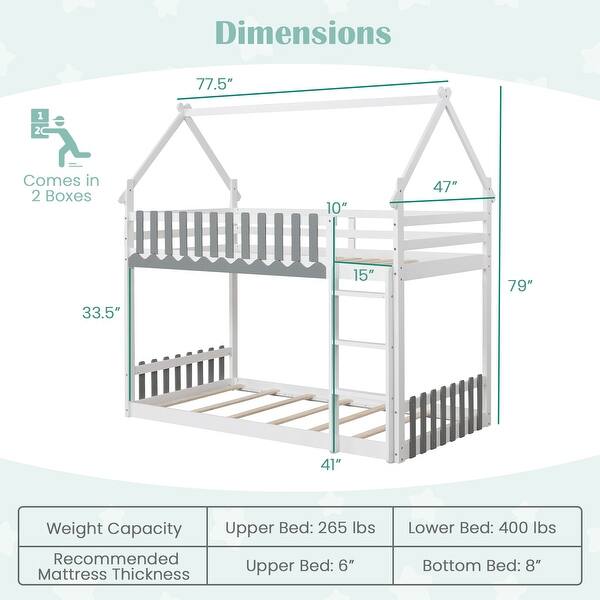 dimension image slide 1 of 3, Twin Over Twin Bunk Bed with Fence and Ladder for Kids