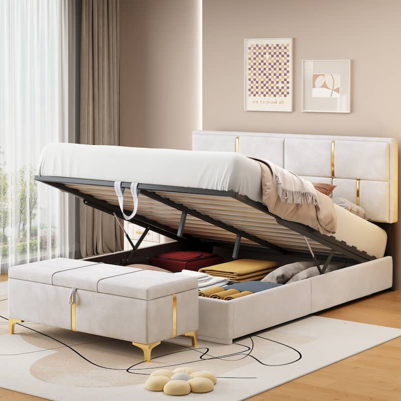 2-Pieces Bedroom Sets, Queen Size Upholstered Platform Bed with Hydraulic Storage System, Storage Ottoman with Metal Legs