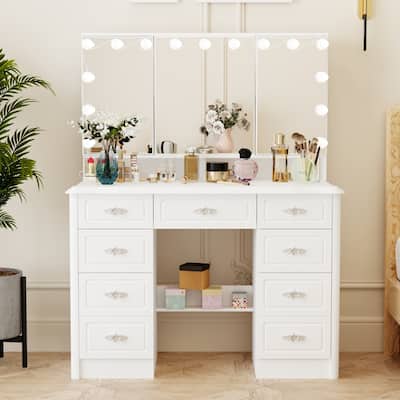 40.2"W Elegant Makeup Vanity Tri-Fold Mirror Lighting Dressing Table