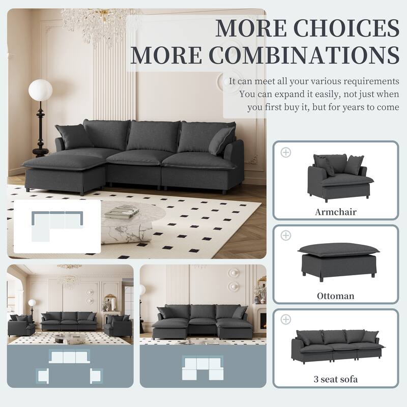 Traditional Modular Chenille Sofa with Skirted Cushions and Ottoman and 2 handrails for Living Room or Guest Room