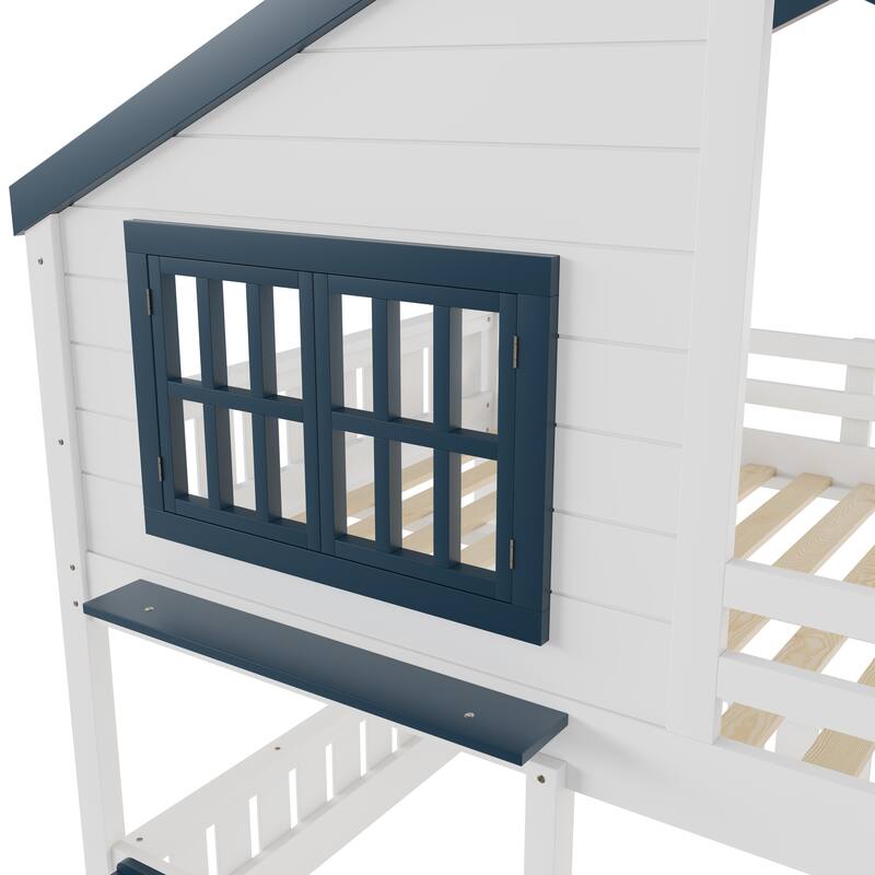 Full Size Bunk Bed/Loft Bed with Bookshelf, House Design, High-Quality Safety Fencing