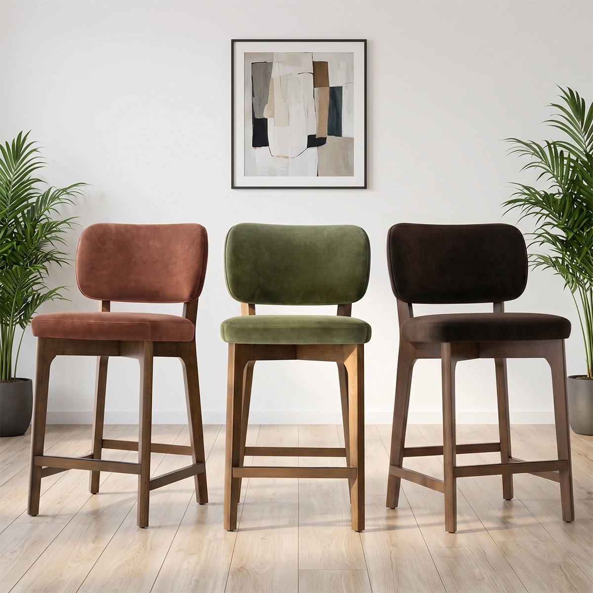 25.5" Upholstered Velvet Counter Stools With Solid Wood Legs (Set of 3)