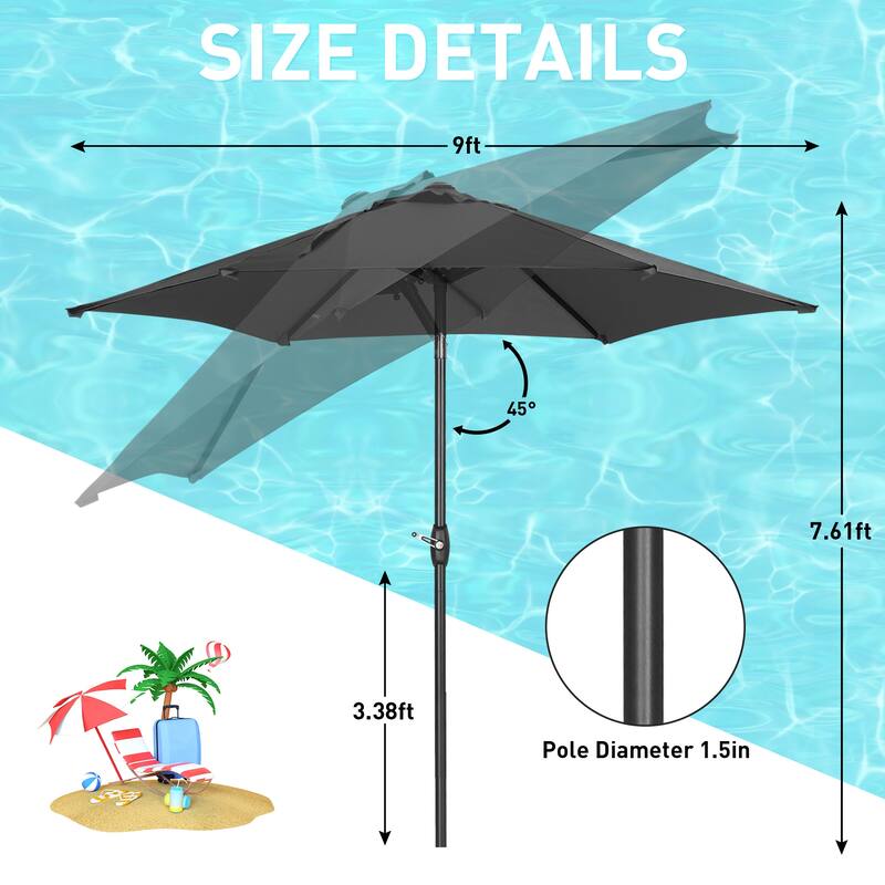 9ft Outdoor Patio Umbrella 6 Ribs with Tilt & Crank.