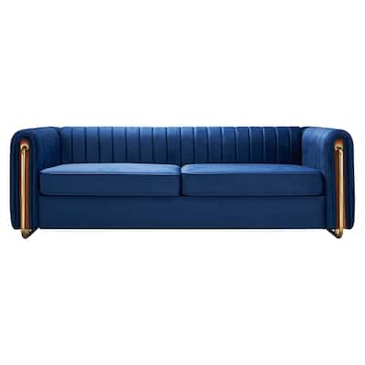 Velvet Sofa Couch 84.25" with Channel Tufting and Polished Gold Legs, Modern Living Room Style