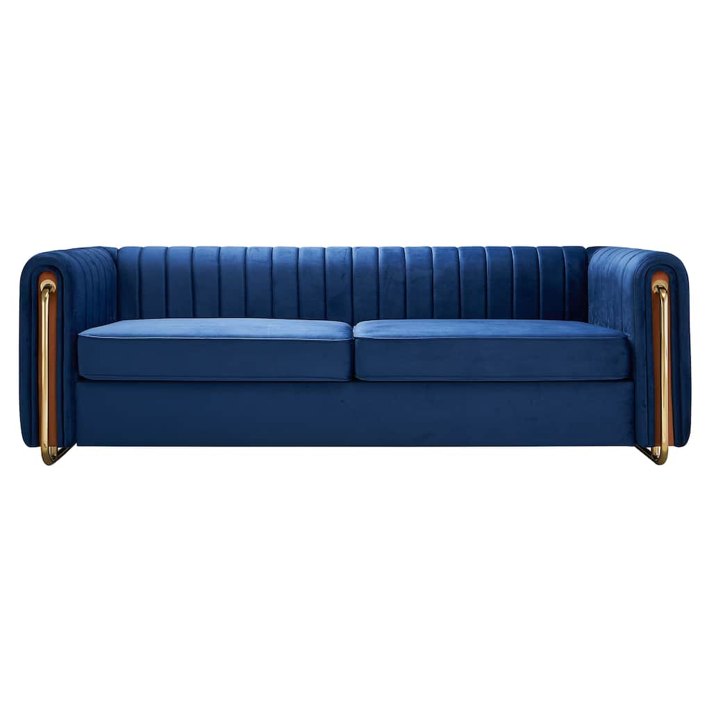 Velvet Sofa Couch 84.25" with Channel Tufting and Polished Gold Legs, Modern Living Room Style