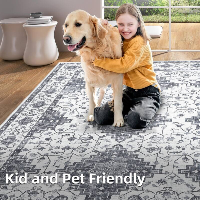 Washable Area Rug Vintage Boho Rug Low Pile Non-Slip Area Rugs Soft Foldable Indoor Carpet