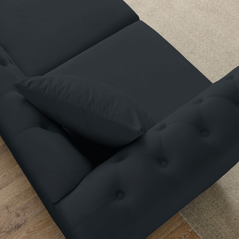 Anmytek 80 Inch Chesterfield Sofa Black Velvet Tufted 3 Seater Couch with Rolled Arms and Nailhead Trim and Two Pillows