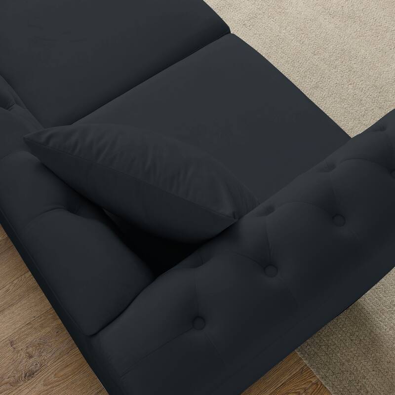Chesterfield Black Velvet Sofa - 3-Seater Tufted Couch with Rolled Arms and Nailhead Trim, Includes Two Pillows for Living Room