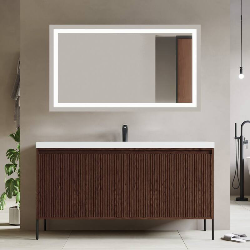 Ripple 60" Bathroom Vanity Set - Walnut - Single White Sink