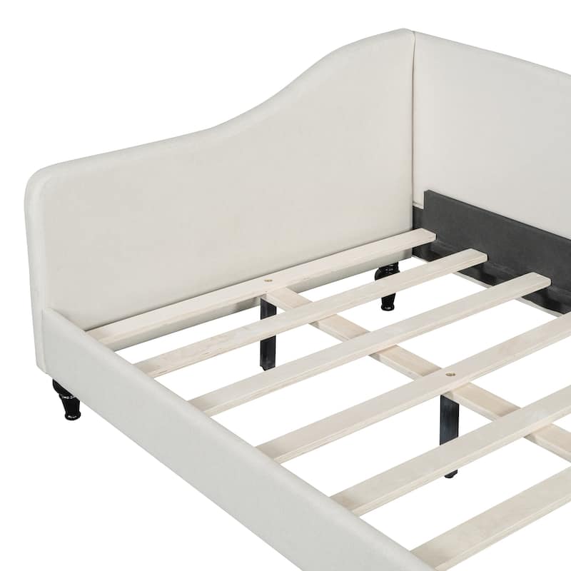 L-Shaped Daybed Linen Upholstered Wood Slat Bed with Solid Wood Legs and Curved Armrest & Backrest for Bedroom Living Room