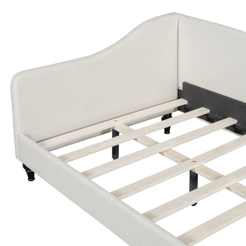 Twin/Full Size Upholstered Daybed, Linen Fabric Sofa Bed with Solid Wood Legs and L Shaped Backrest, Solid Wood Bedframe