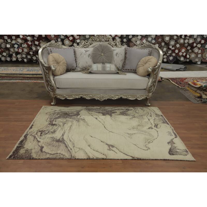 Hand Knotted Oriental 100% Wool Carpet Modern Abstract Beige & Ivories Modern Area Rug - 6' 4'' X 4' 9''