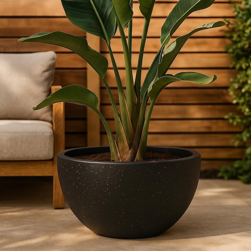 Iris Modern Round Planter Sleek Fiberstone & MgO Clay Pot with Drainage - Weather-Resistant All-Season Indoor/Outdoor Decor