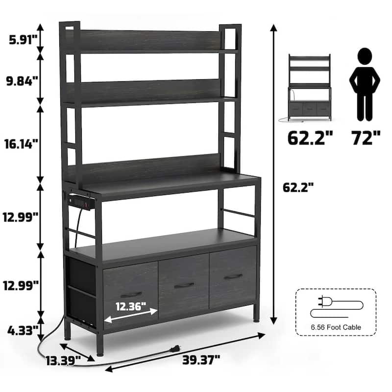 Kitchen Storage Rack with 4 Wooden Shelves Drawers and Baskets USB Ports and Microwave Shelf - 62.2'' H x 39.3'' W x 13.3'' D