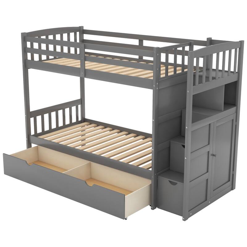 Twin Over Full/Twin Wood Bunk Bed with Convertible Bottom, Drawers, and Guardrails