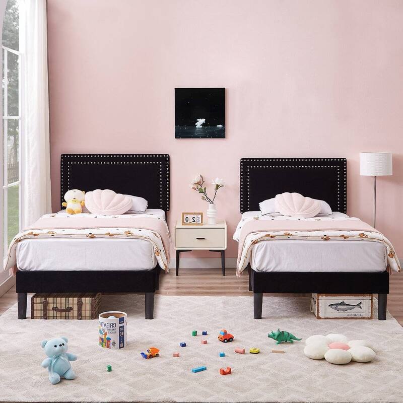 Set of 2 Twin Size Tufted Upholstered Platform Beds Dorm Style Minimalist Metal Frame with Slats No Box Spring Needed