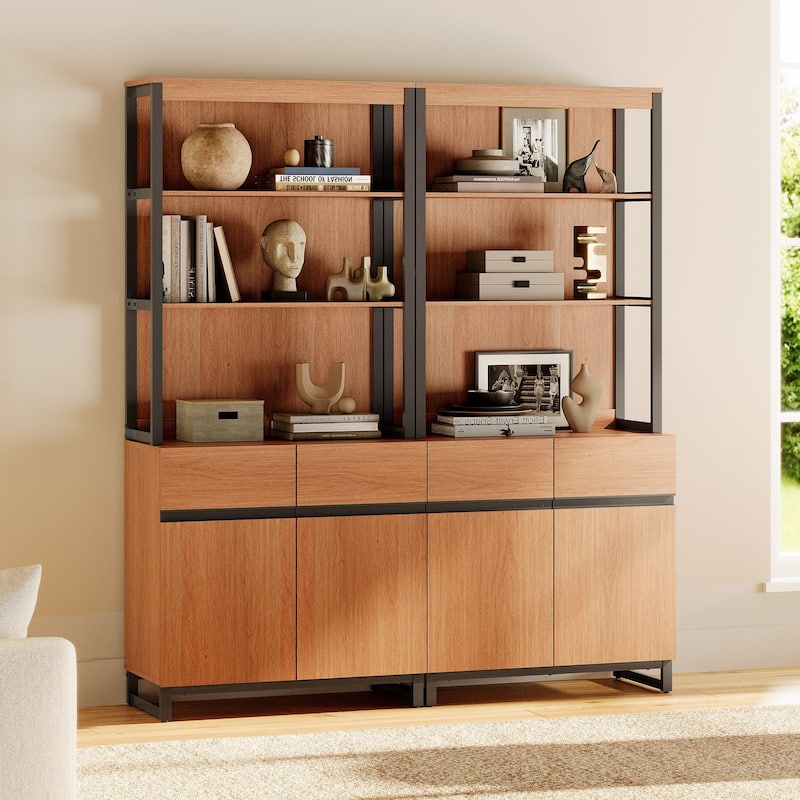 WAMPAT Modern 72" Tall Bookcase with Metal Base and Adjustable Shelves, Library Book Shelf with Storage Cabinet - 2 Piece - Mocha