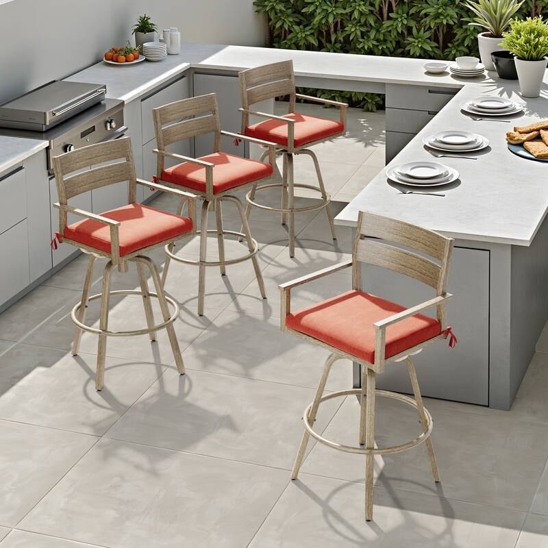 Outdoor Aluminum Patio Bar Stools Swivel Chairs with Sunbrella Cushions - 19.5 in W * 45.3 in H * 17.5 in D - Red-4PC