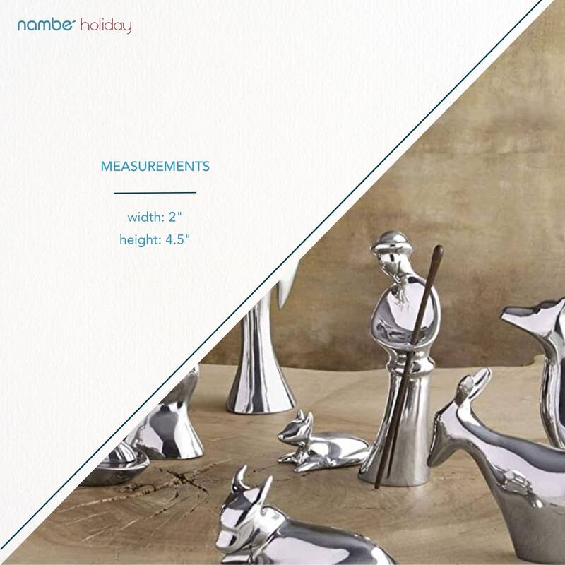 Nambe Miniature Nativity Figurines Shepherd and Lamb - Shepherd: 2” W x 4.5” H Lamb: 2” L x 1” H