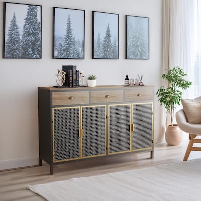 Modern Sideboard Buffet with 4 Doors and 3 Drawers, 48" Freestanding Wood Storage Cabinet for Living Room, Kitchen