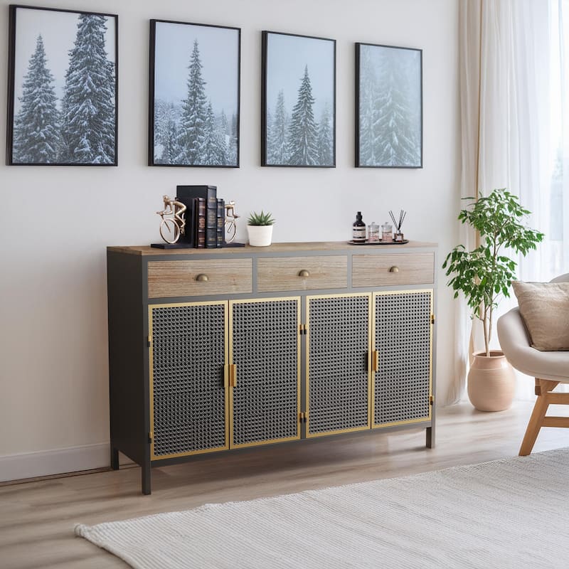 Roomfitters 48-Inch Wide Modern Sideboard with 3 Top Drawers and 4 Doors - Freestanding Storage Cabinet for Living Room, Office - Polished - Dark Gray