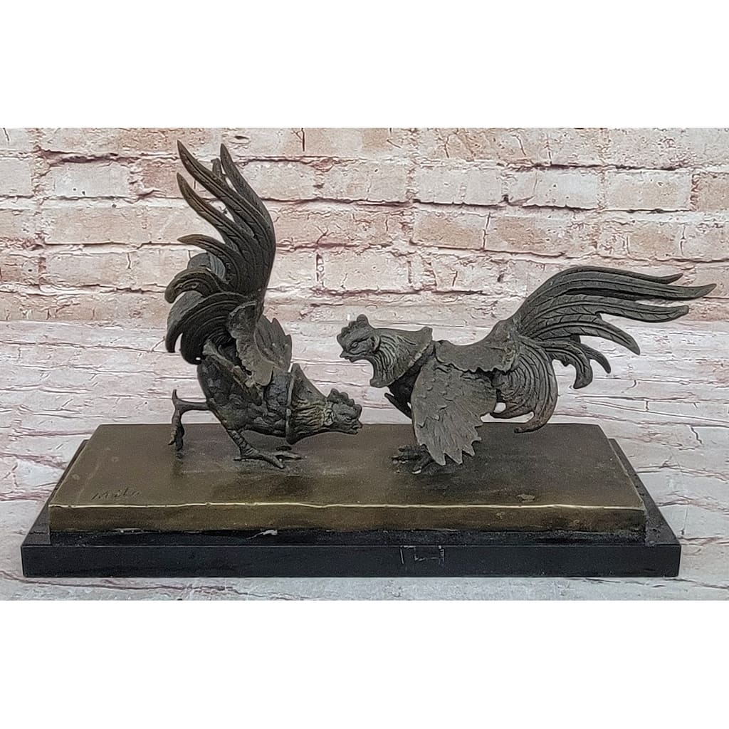 Roosters Chickens Fighting Bronze Sculpture Statue By Milo