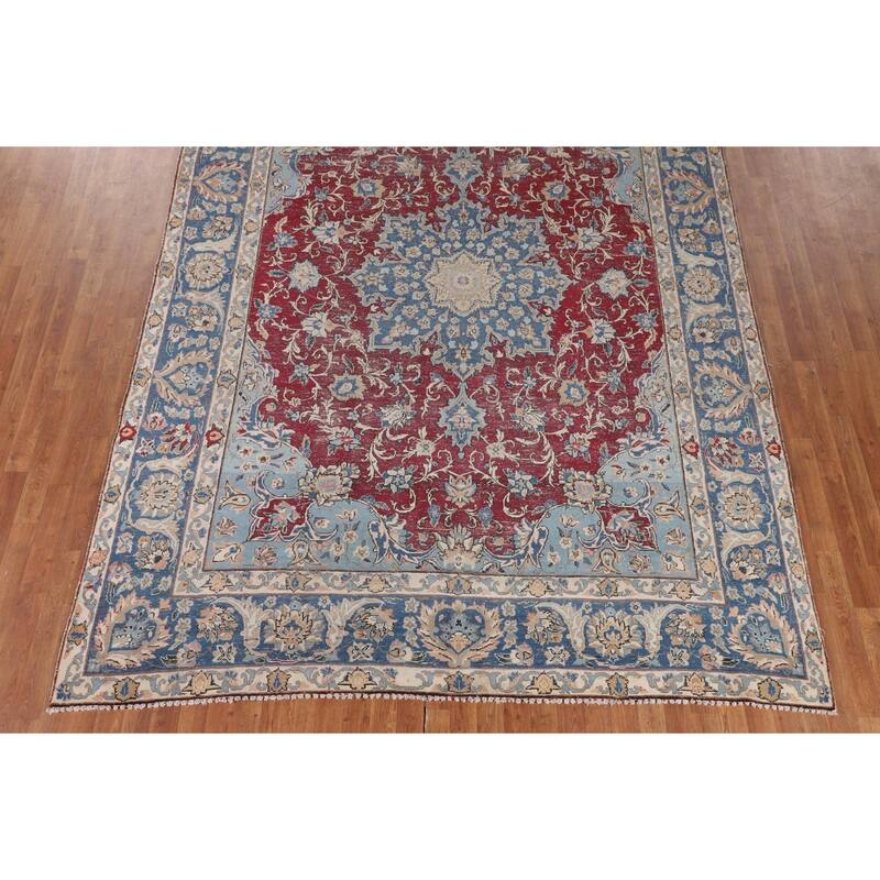Distressed Mashad Persian Vintage Area Rug Hand-Knotted Wool Carpet - 8'5" x 11'5"