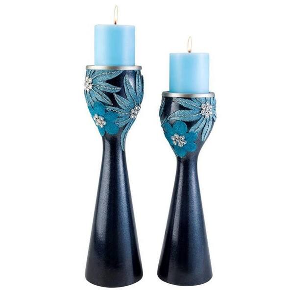 Set Of Two Navy and Aqua Floral Bling Candle Holders with Candles Set Of Two Navy and Aqua Floral Bling Candle Holders with Candles