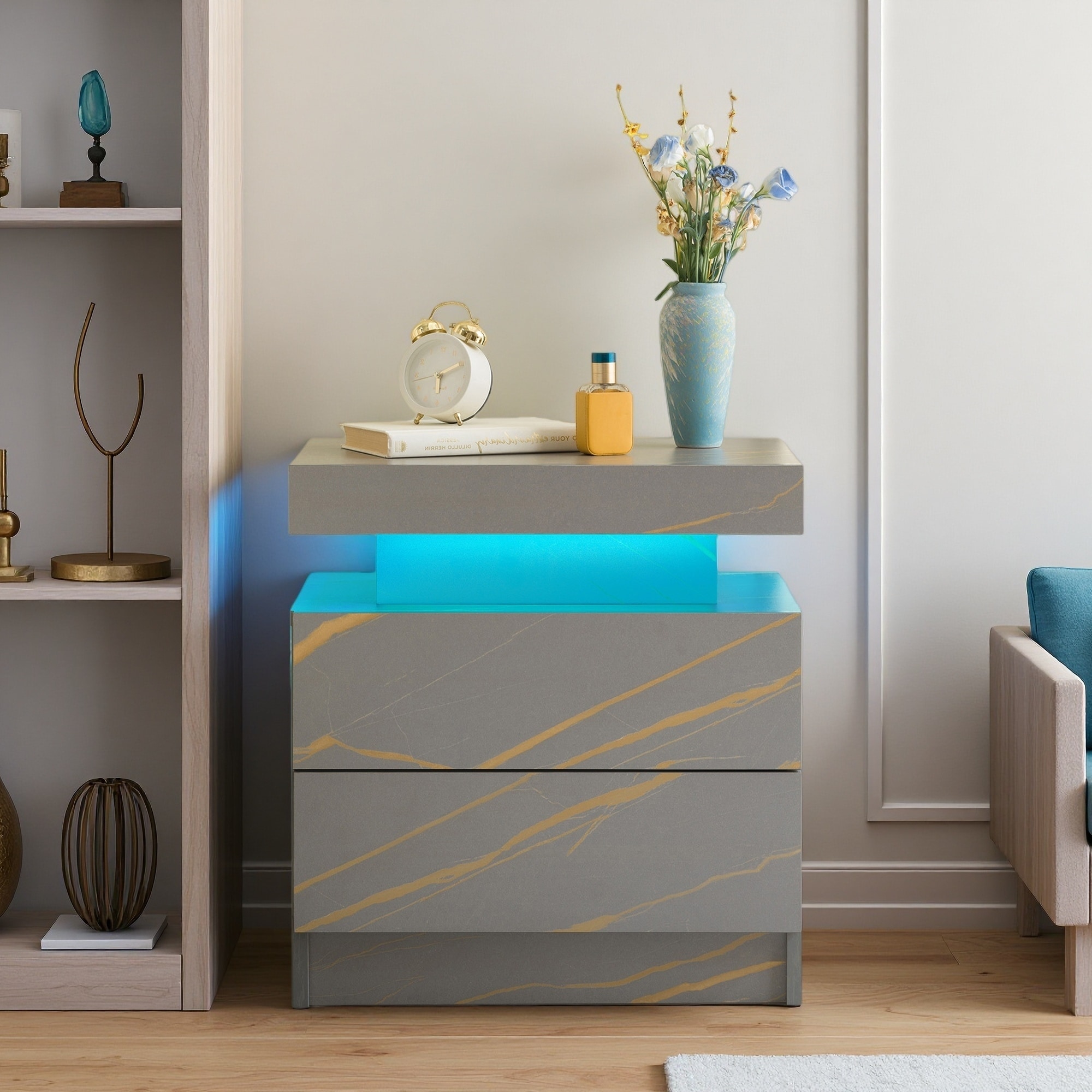 19.3"L LED Nightstand with 2 Drawers, Bedside Table End Side Table with Multi-Color Adjustable Lights for Bedroom & Living Room