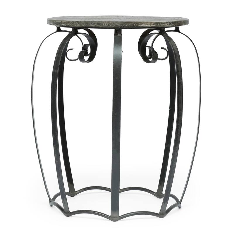 21.25" Modern Round End Table with Curved Metal Frame and Rich Mango Wood Top