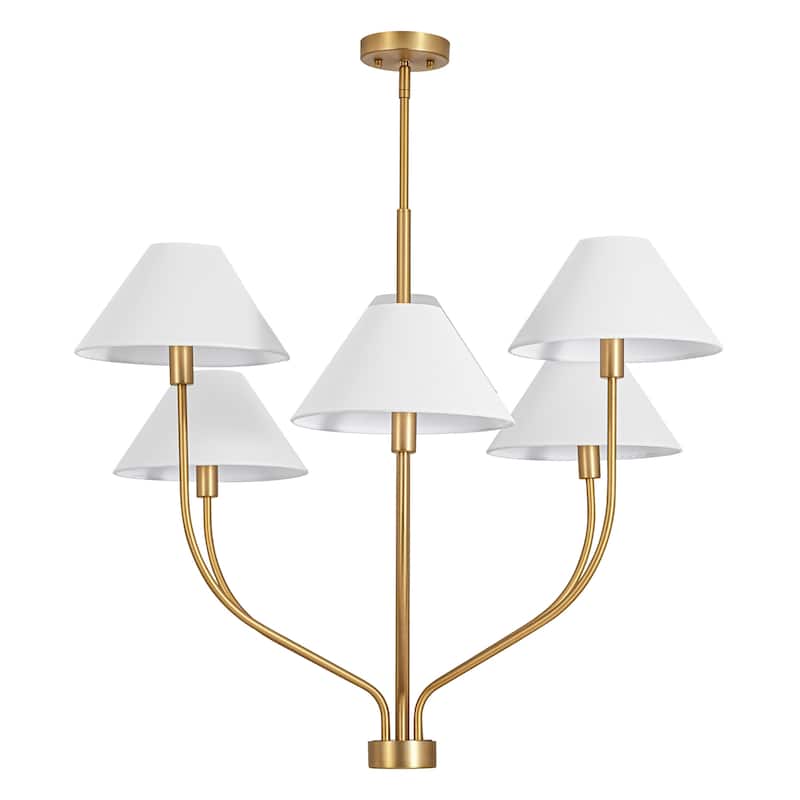 6-Light Modern Gold/Matte Black Sputnik Staggered Large Chandelier with Cone White Fabric Shade