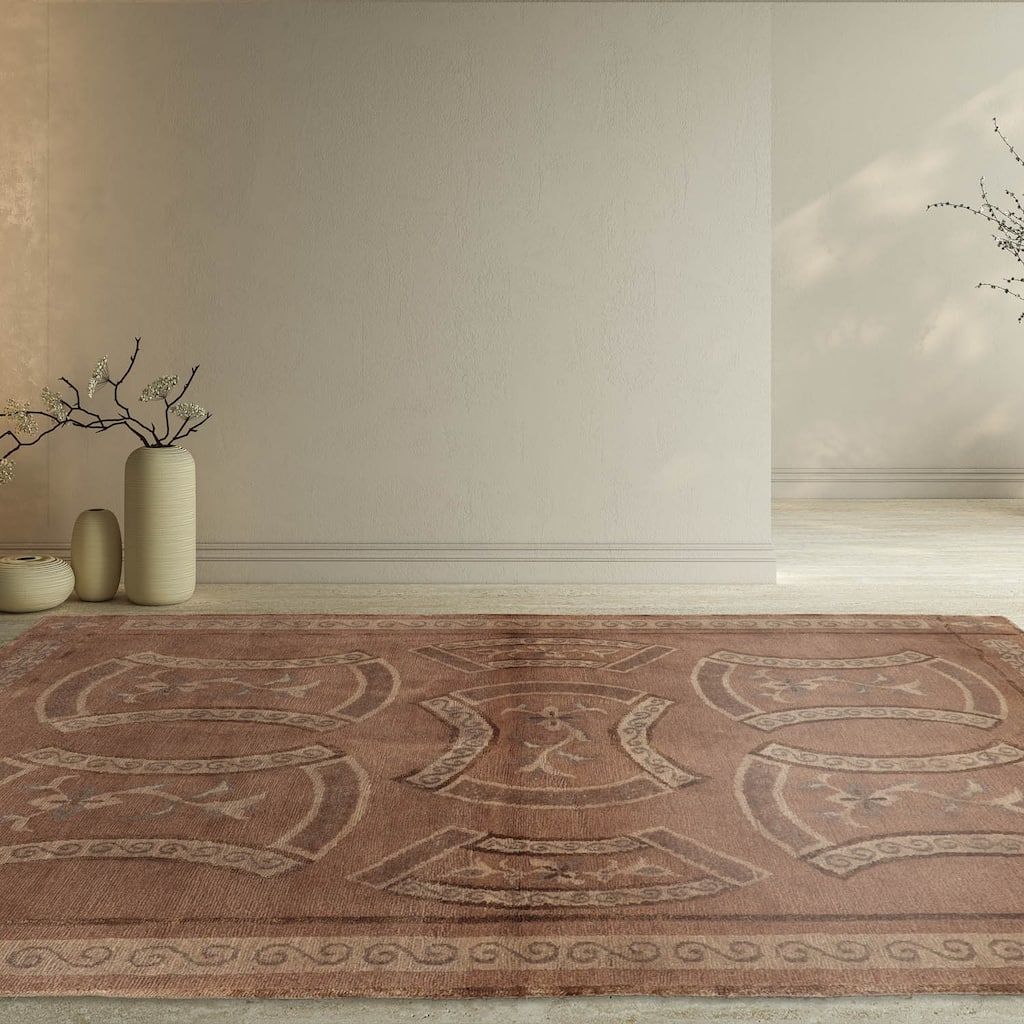 Hand Knotted Tibetan Taupe All-Over Wool & Silk Transitional Area Rug - 3' 10'' x 5' 8''