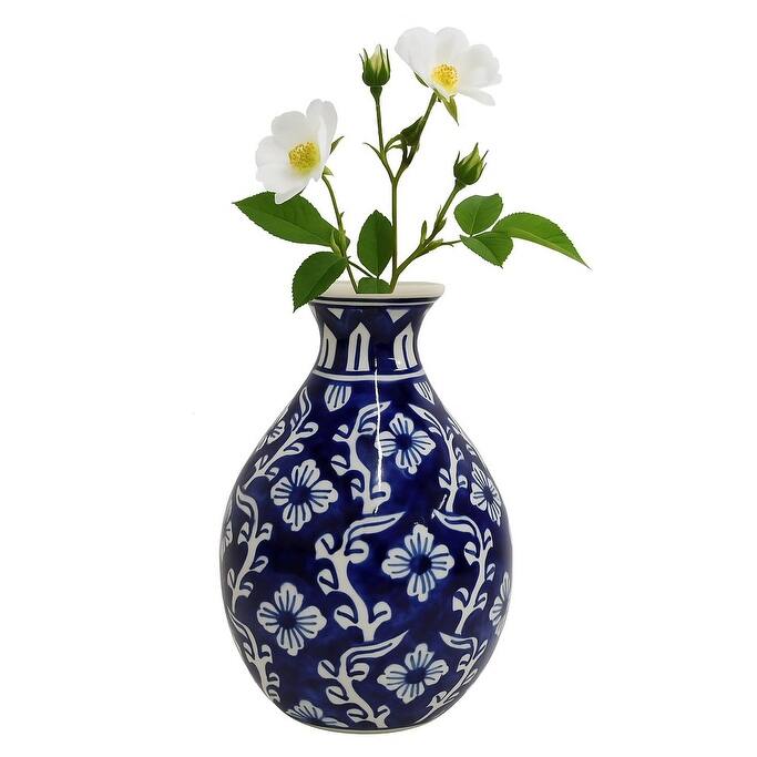 Home&Manor Ceramic Bottle Vase Blue/White
