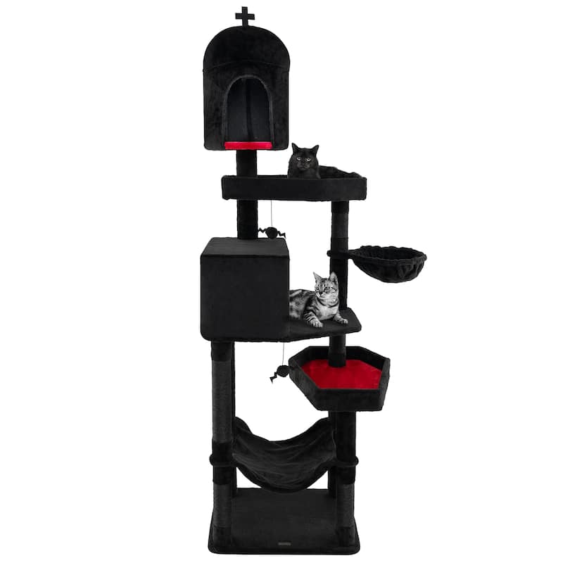 Black Gothic Cat Tree with 2 Cat Condos and Coffin Bed for Indoor Use - 24" x 19.5" x 80"