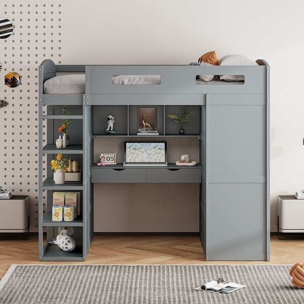 Full Loft Bed with Desk Wardrobes Wood Loft Bed w 4 Drawers 4 Shelves for Kids Teens Boys Girls No Box Spring Needed Grey