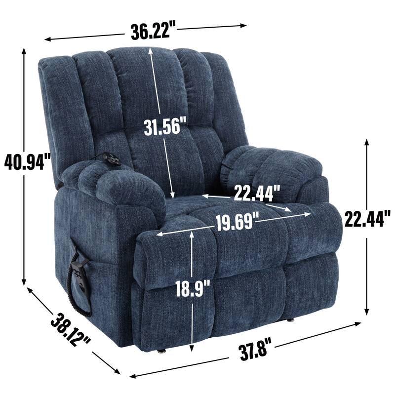 Oversized Chenille Upholstered Power Lift Massage Recliner with Massage, Lumbar Heating, 180° Flat Lay