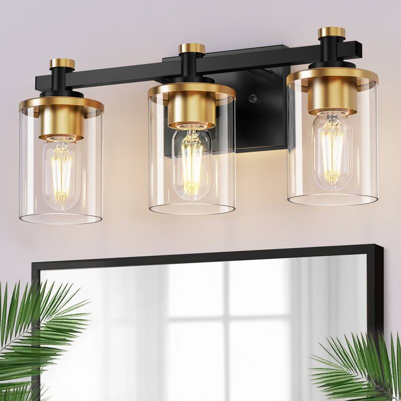 YANSUN 3-Light Vanity Light with Clear Cylindrical Glass Shades Black and Gold Finish Square Base and Rods for Modern Bathrooms