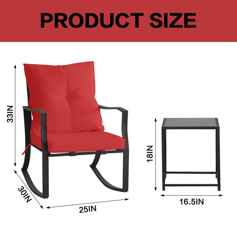 3 Piece Steel Rocking Bistro Set with Glass Table and Cushions Bed