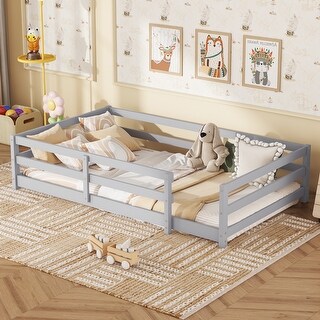 Twin Sturdy Structure Wood Floor Bed with Guardrail and Fence for Kids, Montessori Bed