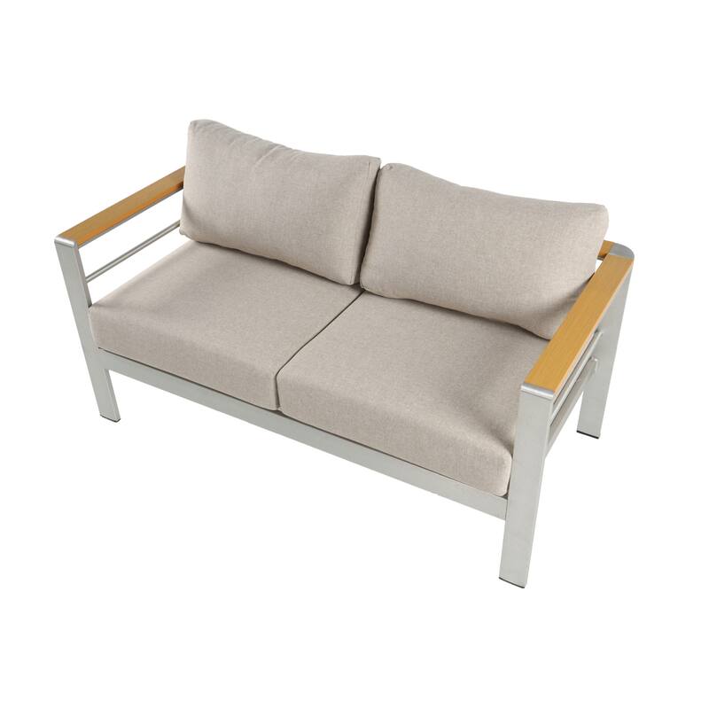 Roomfitters Cora Outdoor Aluminum Loveseat Bench with Olefin Fabric Cushions, Silver and Beige