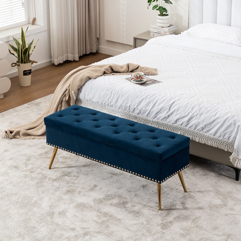 Velvet Storage Ottoman Bench with gold legs and Nailhead Trim for Bedroom/End of Bed/Entryway/Window